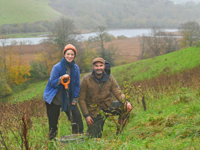 Frances Tophill & Jack Skuse plant an oak tree on the Sharpham Estate for National Tree Week