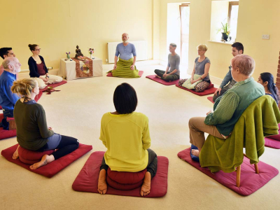 Meditating together at The Barn at The Sharpham Trust mindfulness retreat centre